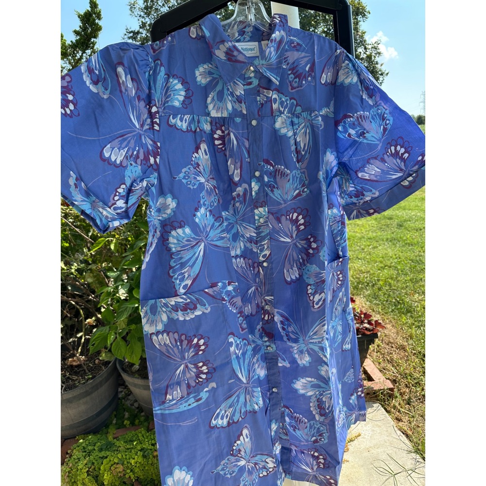 National Butterfly Print House Dress Womens 2X Blue Button Front Lounger Pockets
